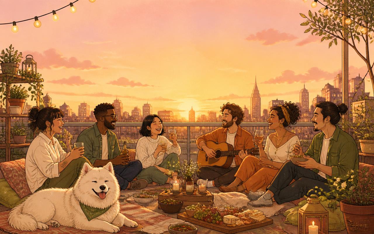 Four friends sitting on a picnic blanket in a park at golden hour with a fluffy white dog